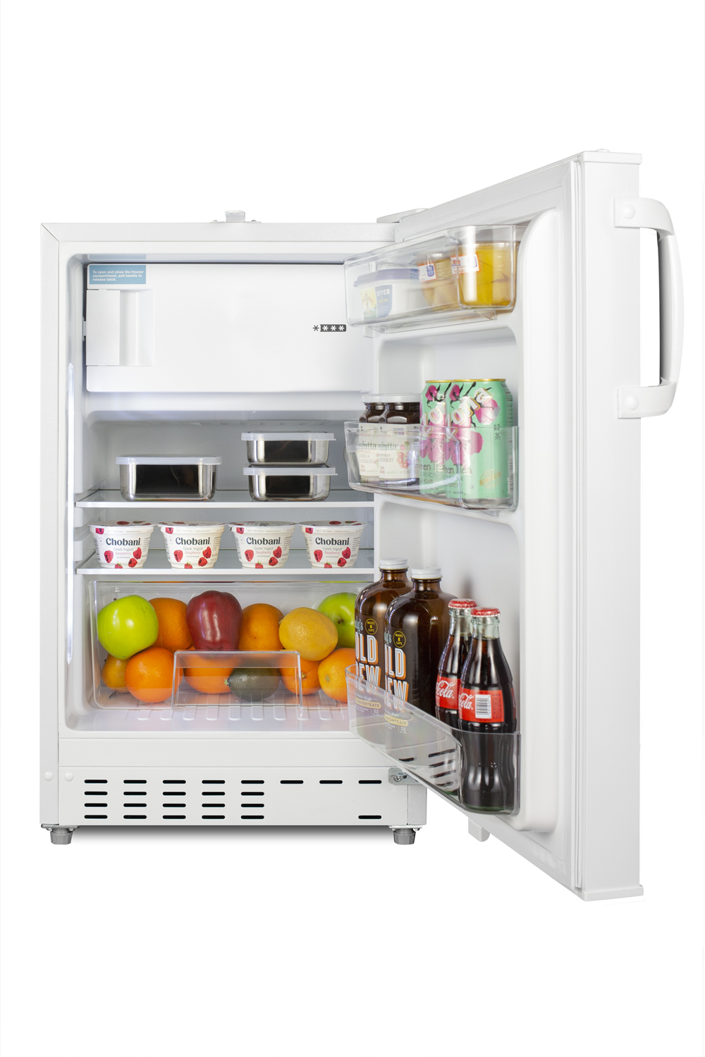 Built-in undercounter ADA compliant refrigerator-freezer in white for residential use, manual defrost with glass shelves, front lock, and door storage